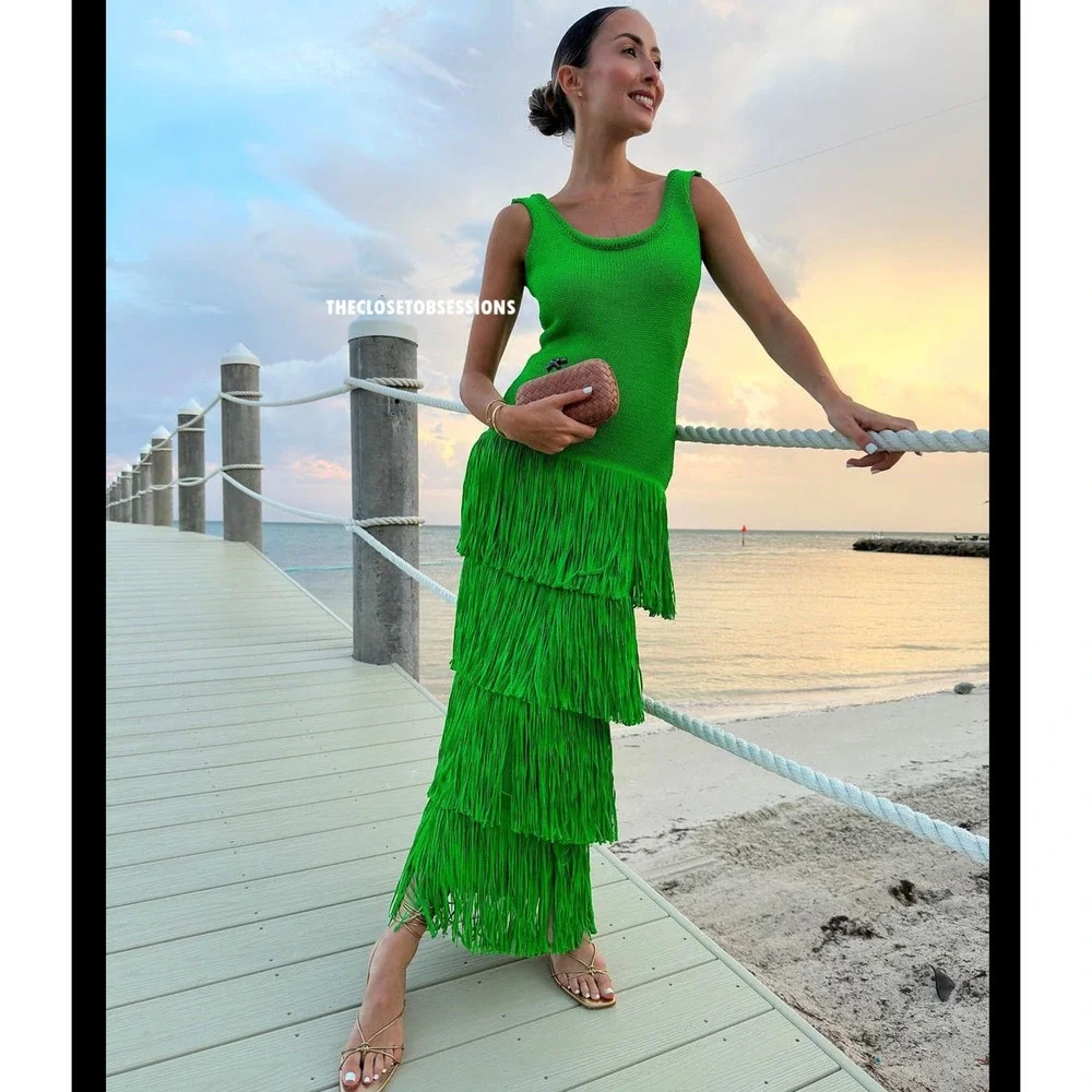 Mango Bright Green Tiered Fringe Maxi Dress - Picture 6 of 16